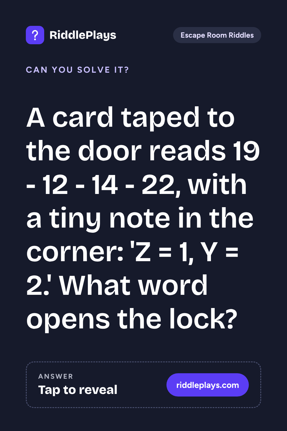 Escape Room Riddle: A card taped to the door reads 19 - 12 - 14 - 22, with a tiny note in the corner: 'Z = 1, Y = 2.' What word opens the lock?