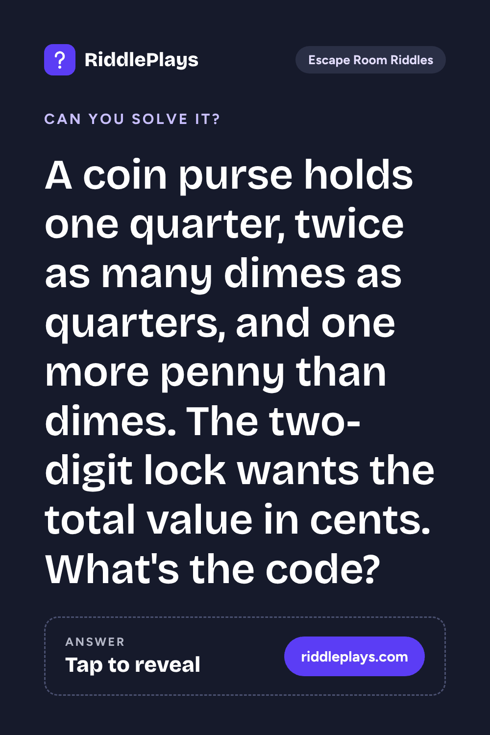 Escape Room Riddle: A coin purse holds one quarter, twice as many dimes as quarters, and one more penny than dimes. The two-digit lock wants the total value in cents. What's the code?