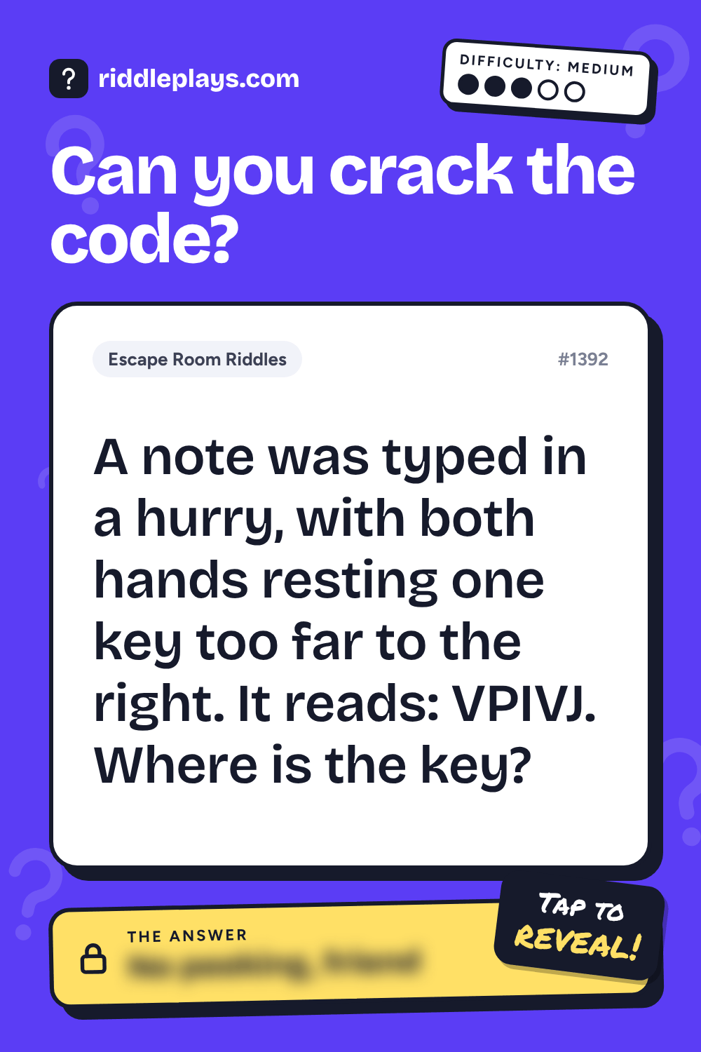 Escape Room Riddle: A note was typed in a hurry, with both hands resting one key too far to the right. It reads: VPIVJ. Where is the key?