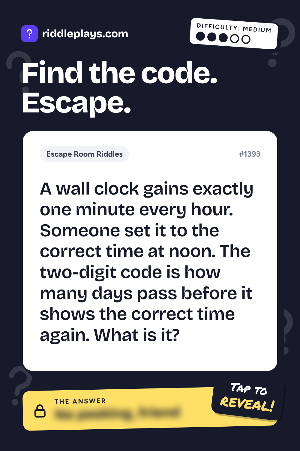 Escape Room Riddle: A wall clock gains exactly one minute every hour. Someone set it to the correct time at noon. The two-digit code is how many days pass before it shows the correct time again. What is it?