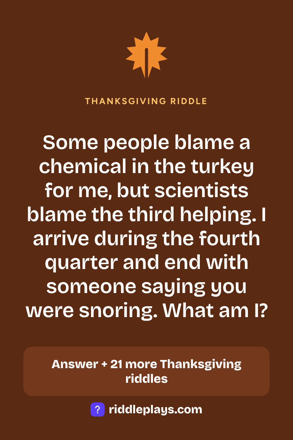 Thanksgiving Riddle: Some people blame a chemical in the turkey for me, but scientists blame the third helping. I arrive during the fourth quarter and end with someone saying you were snoring. What am I?
