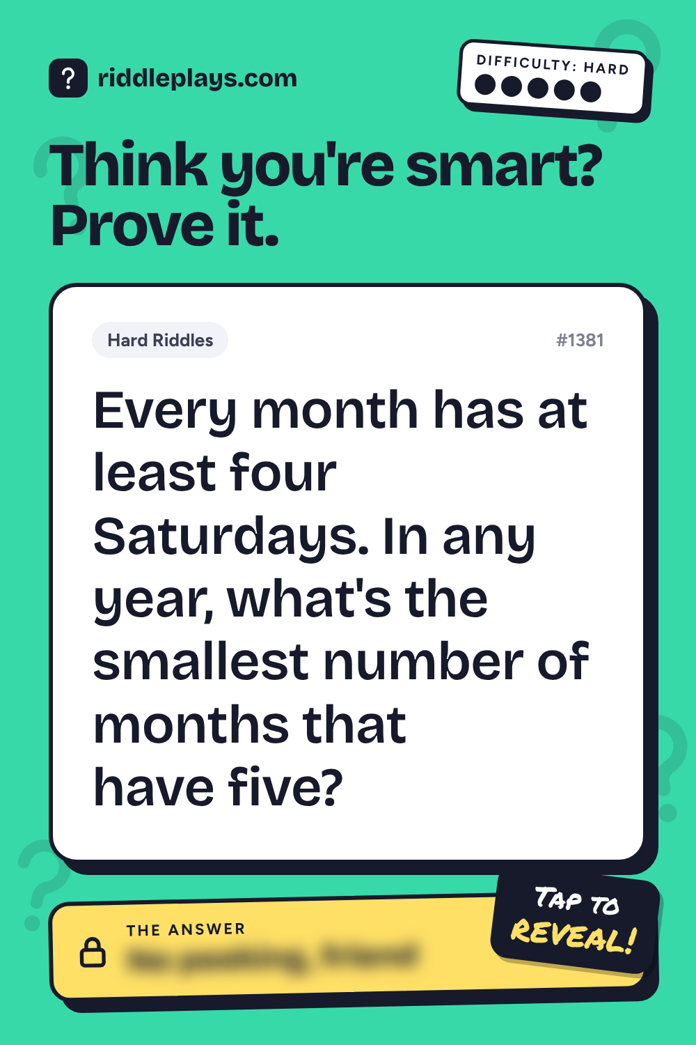 Hard Riddle: Every month has at least four Saturdays. In any year, what's the smallest number of months that have five?