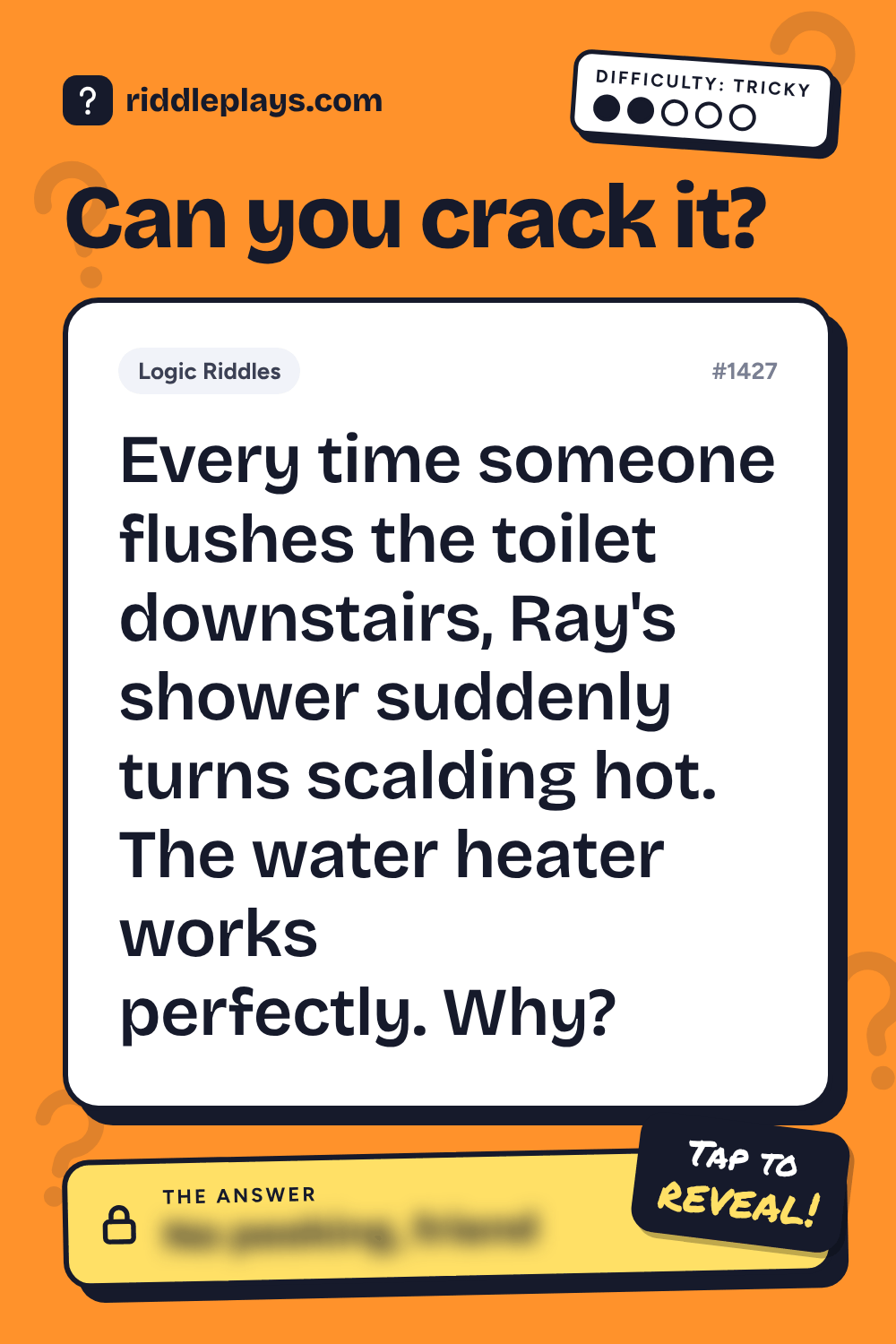 Logic Riddle: Every time someone flushes the toilet downstairs, Ray's shower suddenly turns scalding hot. The water heater works perfectly. Why?