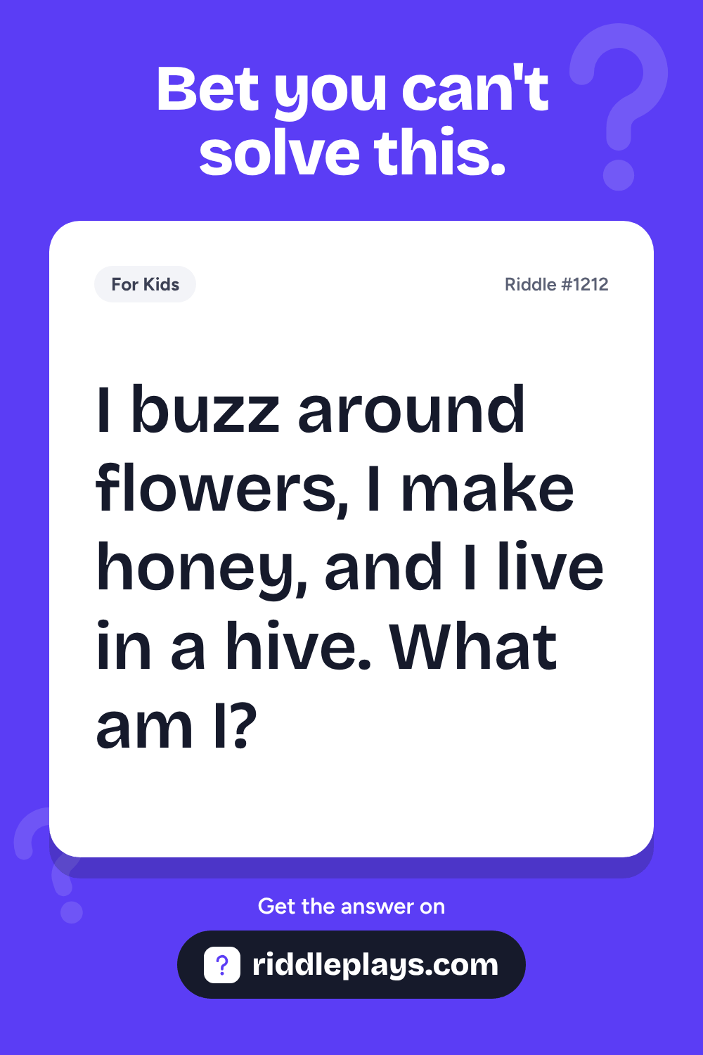 Riddles for Kid: I buzz around flowers, I make honey, and I live in a hive. What am I?