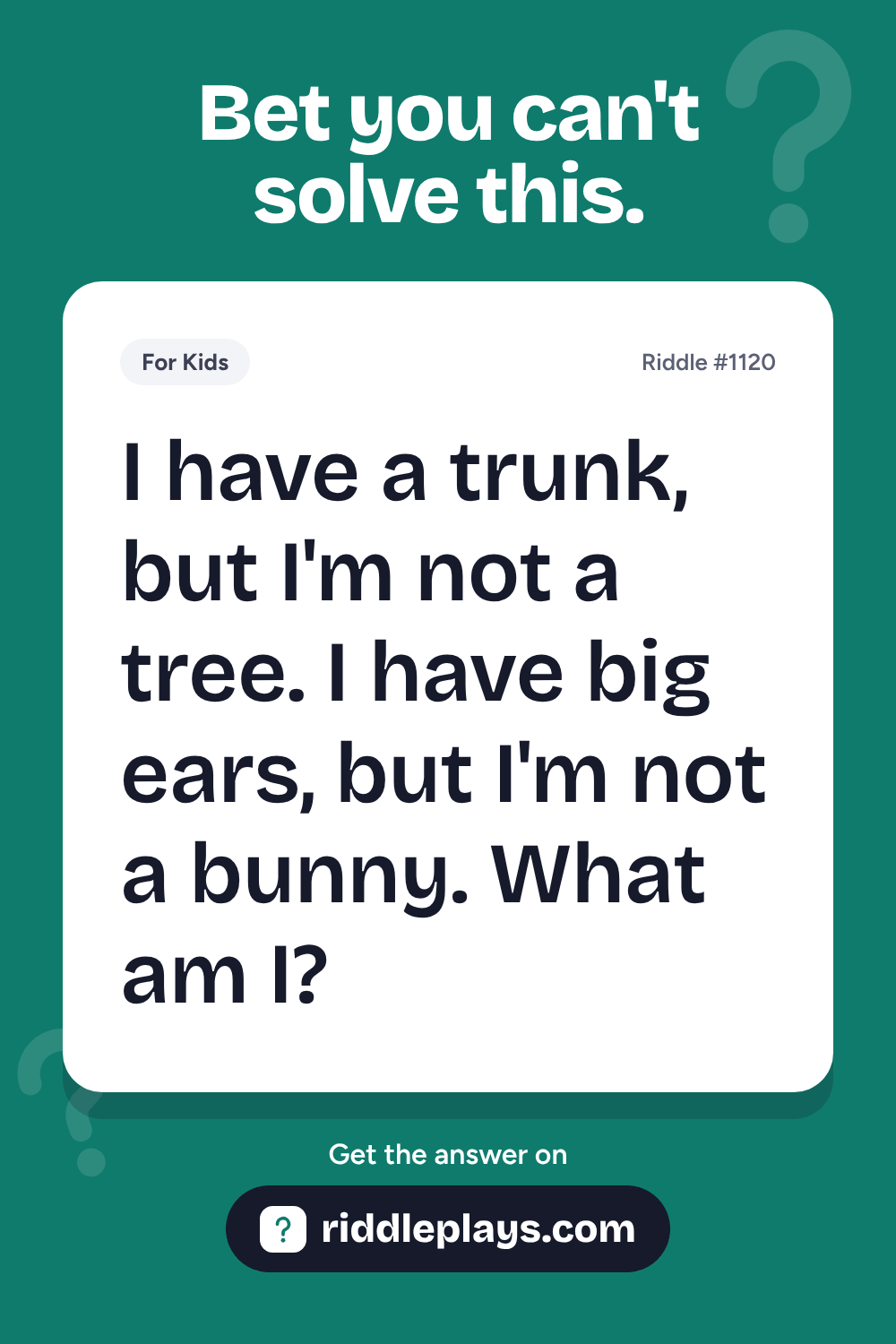 Riddles for Kid: I have a trunk, but I'm not a tree. I have big ears, but I'm not a bunny. What am I?