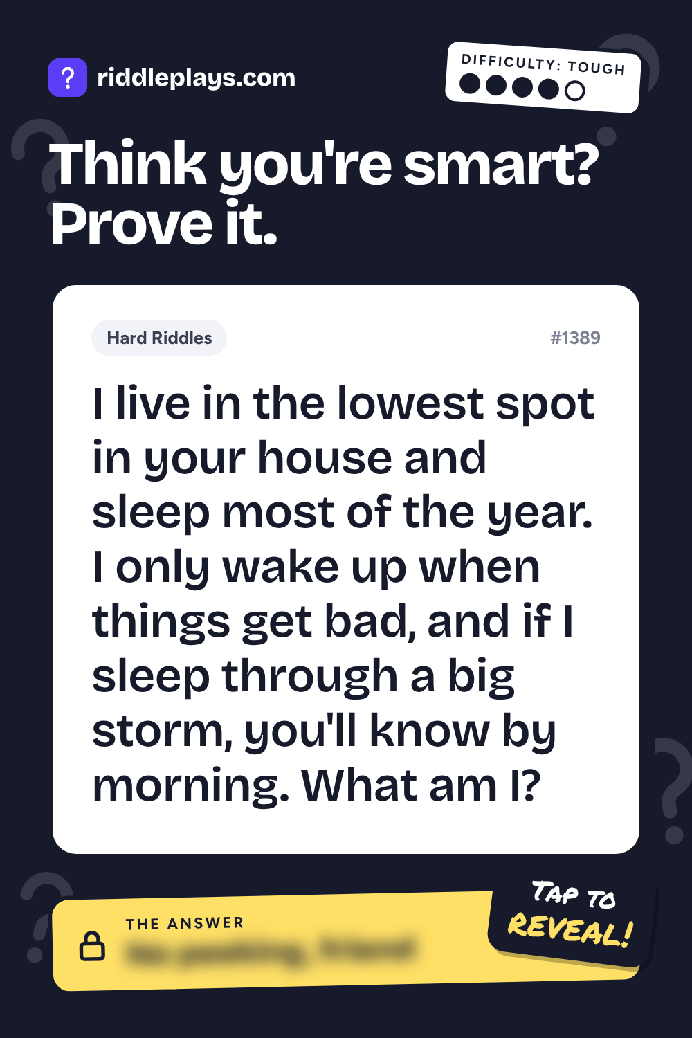 Hard Riddle: I live in the lowest spot in your house and sleep most of the year. I only wake up when things get bad, and if I sleep through a big storm, you'll know by morning. What am I?