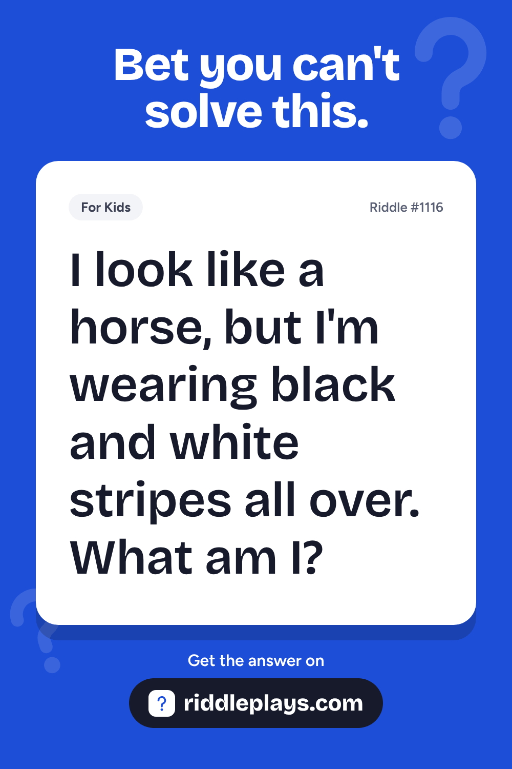 Riddles for Kid: I look like a horse, but I'm wearing black and white stripes all over. What am I?
