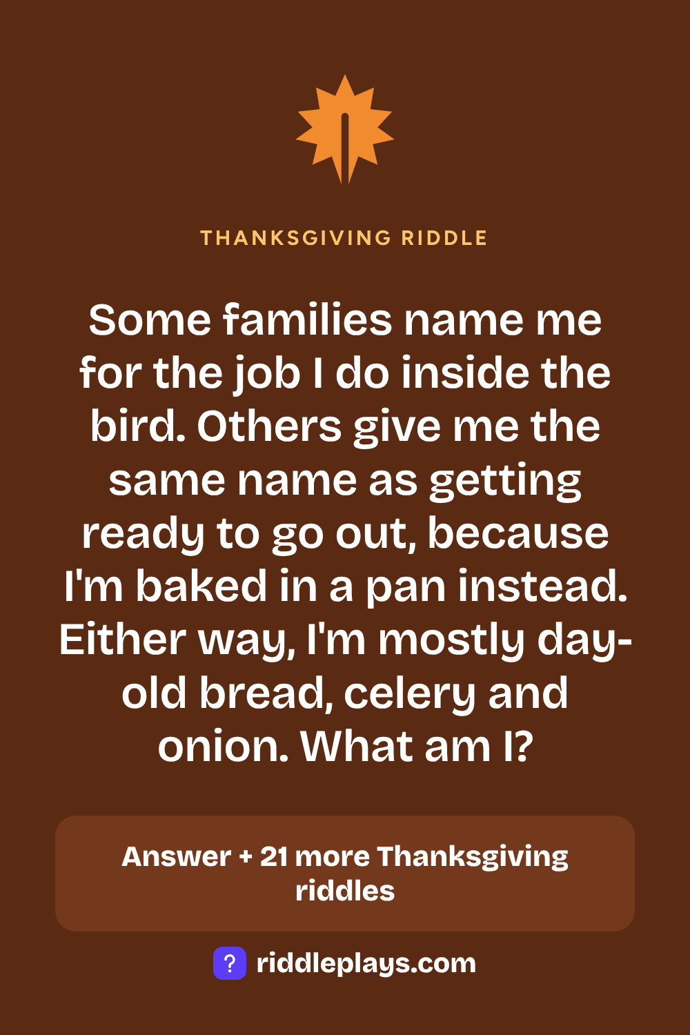 Thanksgiving Riddle: Some families name me for the job I do inside the bird. Others give me the same name as getting ready to go out, because I'm baked in a pan instead. Either way, I'm mostly day-old bread, celery and onion. What am I?