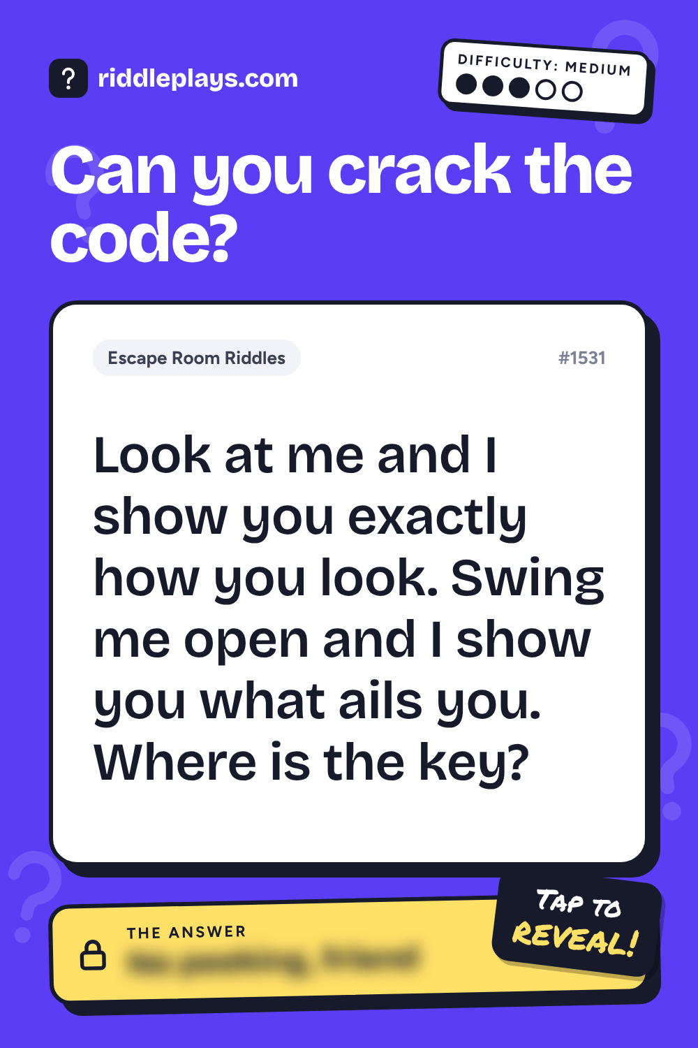 Escape Room Riddle: Look at me and I show you exactly how you look. Swing me open and I show you what ails you. Where is the key?