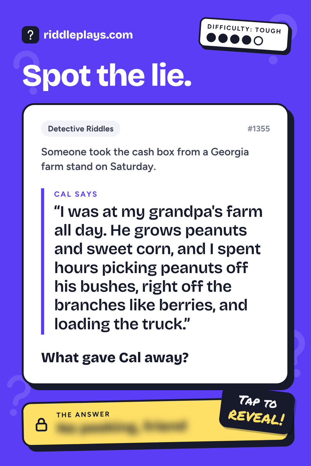 Detective Riddle: Someone took the cash box from a Georgia farm stand on Saturday. Cal: "I was at my grandpa's farm all day. He grows peanuts and sweet corn, and I spent hours picking peanuts off his bushes, right off the branches like berries, and loading the truck." What gave Cal away?
